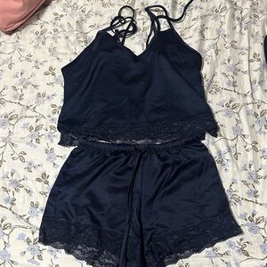 Midnight Blue Lace Trim Pajama Set